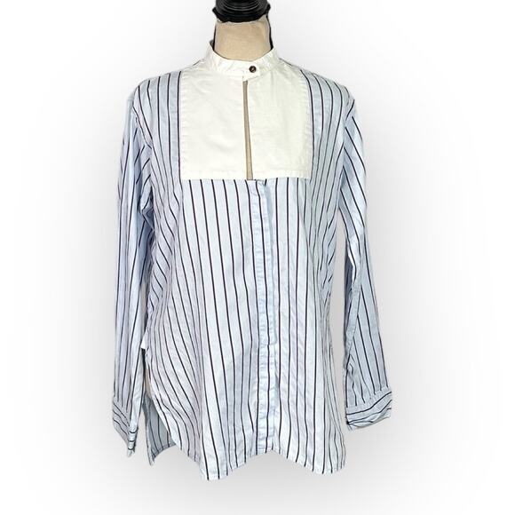 Rosetta Getty Tuxedo Shirt Women's 4 Blue White Long Sleeve High Neck Bib RTR - Picture 3 of 11